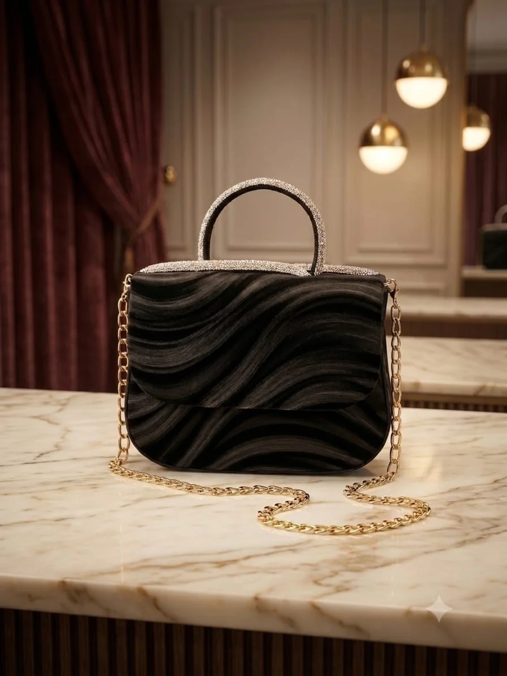 Elegant Black Satin Wavy Crossbody Bag with Rhinestone Handle & Gold Chain